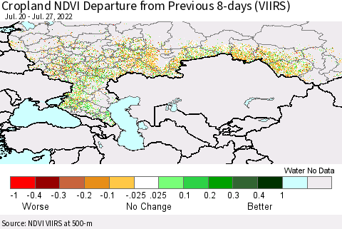 Russian Federation Cropland NDVI Departure from Previous 8-days (VIIRS) Thematic Map For 7/20/2022 - 7/27/2022