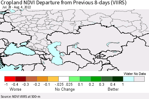 Russian Federation Cropland NDVI Departure from Previous 8-days (VIIRS) Thematic Map For 7/28/2022 - 8/4/2022