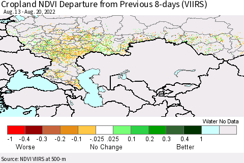 Russian Federation Cropland NDVI Departure from Previous 8-days (VIIRS) Thematic Map For 8/13/2022 - 8/20/2022