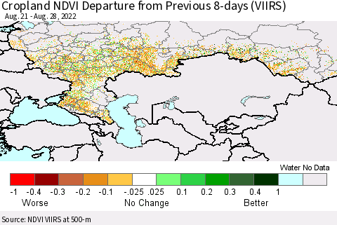Russian Federation Cropland NDVI Departure from Previous 8-days (VIIRS) Thematic Map For 8/21/2022 - 8/28/2022