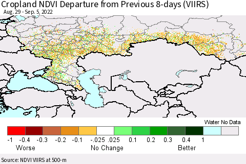 Russian Federation Cropland NDVI Departure from Previous 8-days (VIIRS) Thematic Map For 8/29/2022 - 9/5/2022