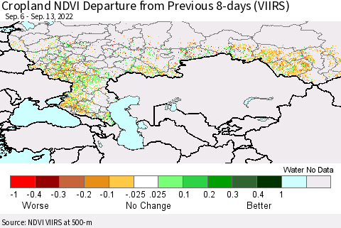 Russian Federation Cropland NDVI Departure from Previous 8-days (VIIRS) Thematic Map For 9/6/2022 - 9/13/2022