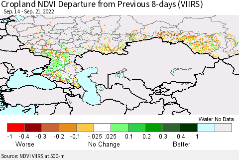 Russian Federation Cropland NDVI Departure from Previous 8-days (VIIRS) Thematic Map For 9/14/2022 - 9/21/2022