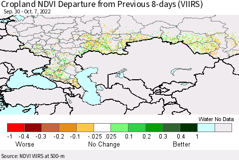 Russian Federation Cropland NDVI Departure from Previous 8-days (VIIRS) Thematic Map For 9/30/2022 - 10/7/2022