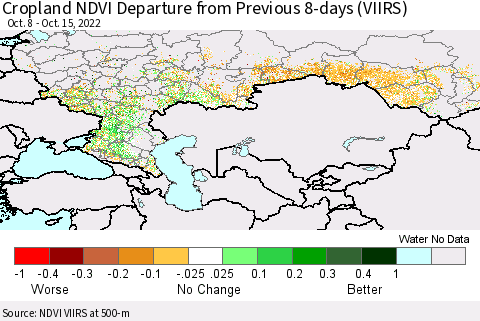 Russian Federation Cropland NDVI Departure from Previous 8-days (VIIRS) Thematic Map For 10/8/2022 - 10/15/2022