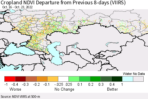 Russian Federation Cropland NDVI Departure from Previous 8-days (VIIRS) Thematic Map For 10/16/2022 - 10/23/2022