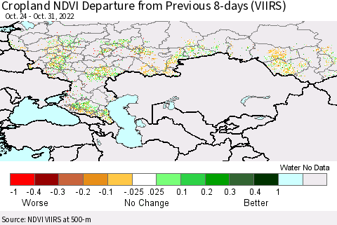 Russian Federation Cropland NDVI Departure from Previous 8-days (VIIRS) Thematic Map For 10/24/2022 - 10/31/2022