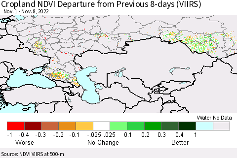 Russian Federation Cropland NDVI Departure from Previous 8-days (VIIRS) Thematic Map For 11/1/2022 - 11/8/2022
