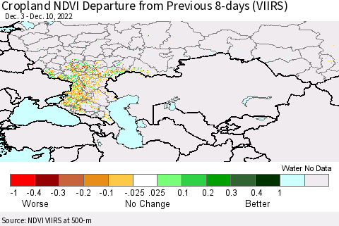 Russian Federation Cropland NDVI Departure from Previous 8-days (VIIRS) Thematic Map For 12/3/2022 - 12/10/2022