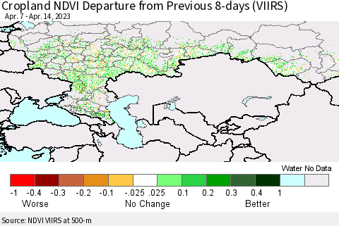 Russian Federation Cropland NDVI Departure from Previous 8-days (VIIRS) Thematic Map For 4/7/2023 - 4/14/2023