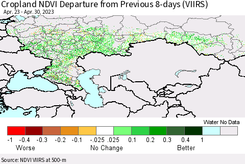 Russian Federation Cropland NDVI Departure from Previous 8-days (VIIRS) Thematic Map For 4/23/2023 - 4/30/2023