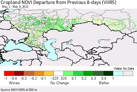 Russian Federation Cropland NDVI Departure from Previous 8-days (VIIRS) Thematic Map For 5/1/2023 - 5/8/2023