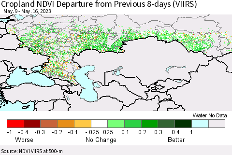 Russian Federation Cropland NDVI Departure from Previous 8-days (VIIRS) Thematic Map For 5/9/2023 - 5/16/2023