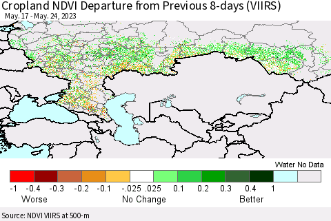 Russian Federation Cropland NDVI Departure from Previous 8-days (VIIRS) Thematic Map For 5/17/2023 - 5/24/2023