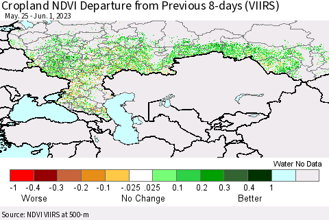 Russian Federation Cropland NDVI Departure from Previous 8-days (VIIRS) Thematic Map For 5/25/2023 - 6/1/2023