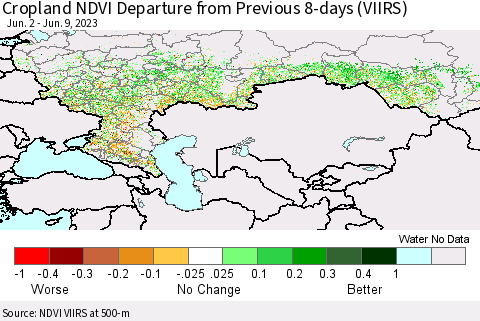 Russian Federation Cropland NDVI Departure from Previous 8-days (VIIRS) Thematic Map For 6/2/2023 - 6/9/2023