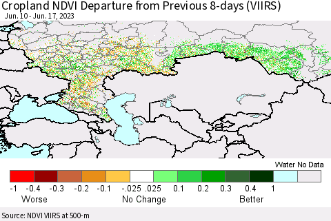 Russian Federation Cropland NDVI Departure from Previous 8-days (VIIRS) Thematic Map For 6/10/2023 - 6/17/2023