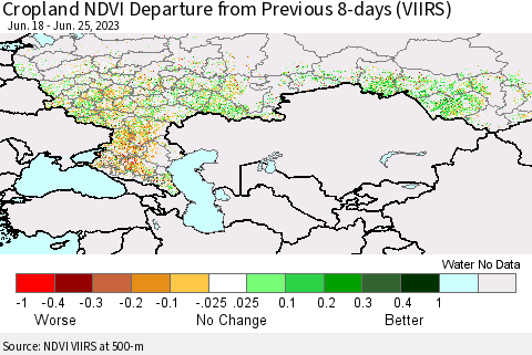 Russian Federation Cropland NDVI Departure from Previous 8-days (VIIRS) Thematic Map For 6/18/2023 - 6/25/2023