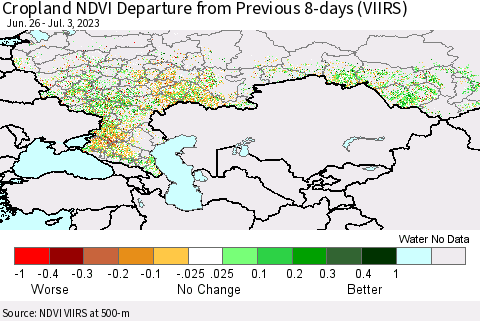 Russian Federation Cropland NDVI Departure from Previous 8-days (VIIRS) Thematic Map For 6/26/2023 - 7/3/2023