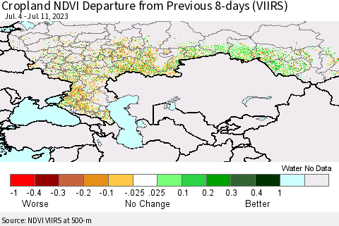 Russian Federation Cropland NDVI Departure from Previous 8-days (VIIRS) Thematic Map For 7/4/2023 - 7/11/2023