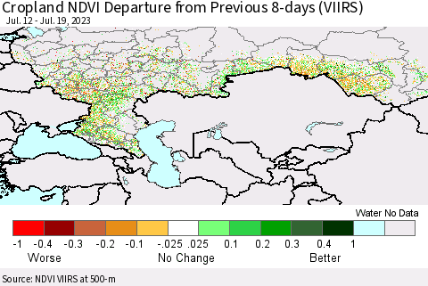 Russian Federation Cropland NDVI Departure from Previous 8-days (VIIRS) Thematic Map For 7/12/2023 - 7/19/2023