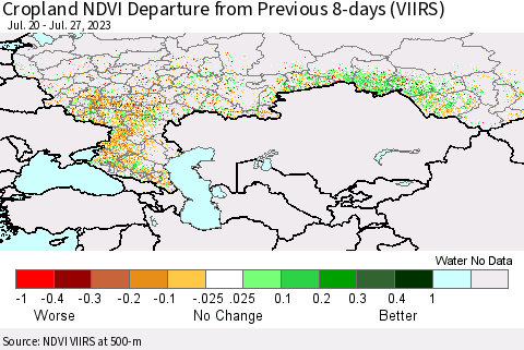 Russian Federation Cropland NDVI Departure from Previous 8-days (VIIRS) Thematic Map For 7/20/2023 - 7/27/2023