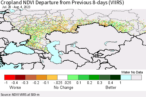 Russian Federation Cropland NDVI Departure from Previous 8-days (VIIRS) Thematic Map For 7/28/2023 - 8/4/2023