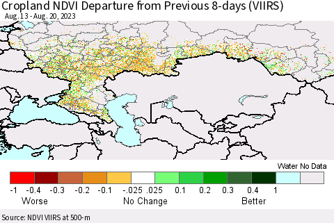Russian Federation Cropland NDVI Departure from Previous 8-days (VIIRS) Thematic Map For 8/13/2023 - 8/20/2023