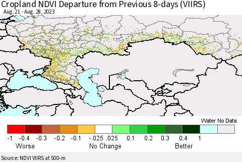 Russian Federation Cropland NDVI Departure from Previous 8-days (VIIRS) Thematic Map For 8/21/2023 - 8/28/2023