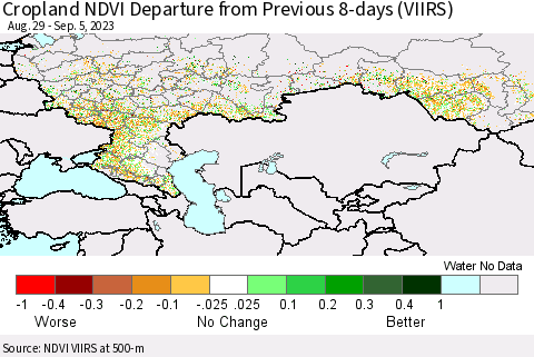 Russian Federation Cropland NDVI Departure from Previous 8-days (VIIRS) Thematic Map For 8/29/2023 - 9/5/2023