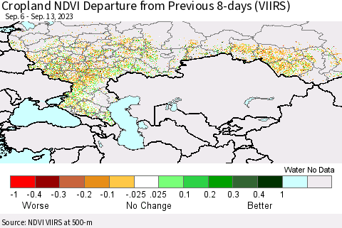 Russian Federation Cropland NDVI Departure from Previous 8-days (VIIRS) Thematic Map For 9/6/2023 - 9/13/2023