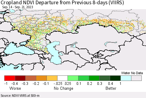 Russian Federation Cropland NDVI Departure from Previous 8-days (VIIRS) Thematic Map For 9/14/2023 - 9/21/2023