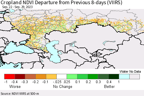 Russian Federation Cropland NDVI Departure from Previous 8-days (VIIRS) Thematic Map For 9/22/2023 - 9/29/2023