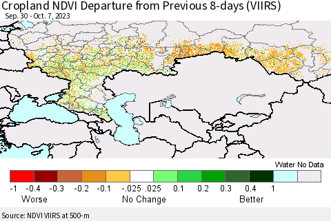 Russian Federation Cropland NDVI Departure from Previous 8-days (VIIRS) Thematic Map For 9/30/2023 - 10/7/2023
