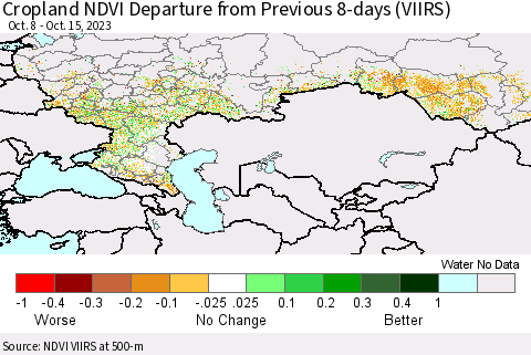 Russian Federation Cropland NDVI Departure from Previous 8-days (VIIRS) Thematic Map For 10/8/2023 - 10/15/2023