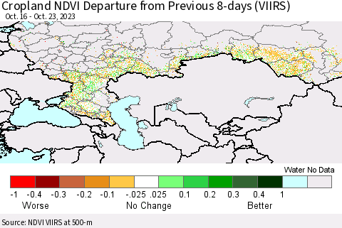 Russian Federation Cropland NDVI Departure from Previous 8-days (VIIRS) Thematic Map For 10/16/2023 - 10/23/2023