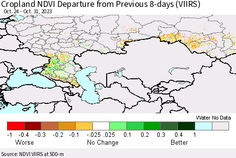 Russian Federation Cropland NDVI Departure from Previous 8-days (VIIRS) Thematic Map For 10/24/2023 - 10/31/2023