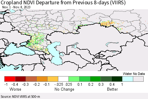 Russian Federation Cropland NDVI Departure from Previous 8-days (VIIRS) Thematic Map For 11/1/2023 - 11/8/2023
