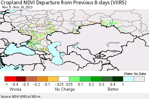 Russian Federation Cropland NDVI Departure from Previous 8-days (VIIRS) Thematic Map For 11/9/2023 - 11/16/2023