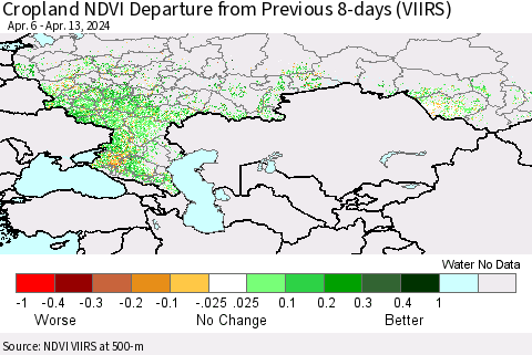 Russian Federation Cropland NDVI Departure from Previous 8-days (VIIRS) Thematic Map For 4/6/2024 - 4/13/2024