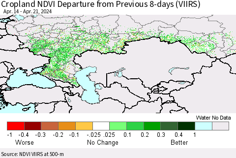 Russian Federation Cropland NDVI Departure from Previous 8-days (VIIRS) Thematic Map For 4/14/2024 - 4/21/2024