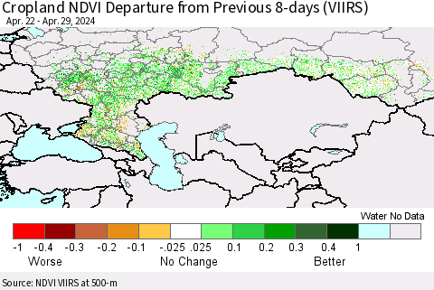 Russian Federation Cropland NDVI Departure from Previous 8-days (VIIRS) Thematic Map For 4/22/2024 - 4/29/2024