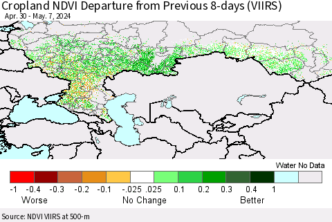 Russian Federation Cropland NDVI Departure from Previous 8-days (VIIRS) Thematic Map For 4/30/2024 - 5/7/2024