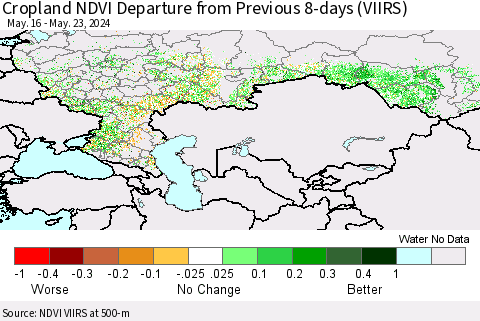 Russian Federation Cropland NDVI Departure from Previous 8-days (VIIRS) Thematic Map For 5/16/2024 - 5/23/2024