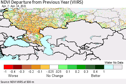 Russian Federation NDVI Departure from Previous Year (VIIRS) Thematic Map For 4/7/2021 - 4/14/2021