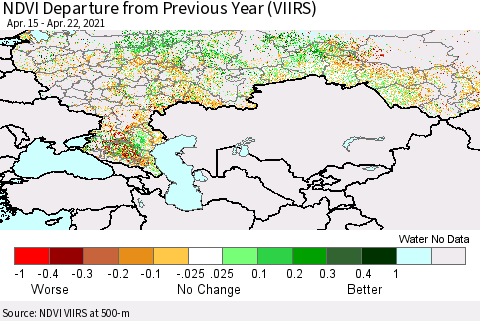 Russian Federation NDVI Departure from Previous Year (VIIRS) Thematic Map For 4/15/2021 - 4/22/2021