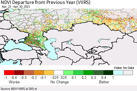 Russian Federation NDVI Departure from Previous Year (VIIRS) Thematic Map For 4/23/2021 - 4/30/2021