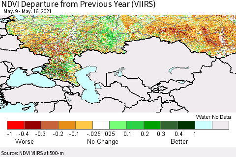 Russian Federation NDVI Departure from Previous Year (VIIRS) Thematic Map For 5/9/2021 - 5/16/2021
