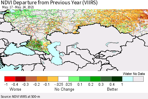Russian Federation NDVI Departure from Previous Year (VIIRS) Thematic Map For 5/17/2021 - 5/24/2021