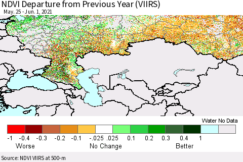 Russian Federation NDVI Departure from Previous Year (VIIRS) Thematic Map For 5/25/2021 - 6/1/2021